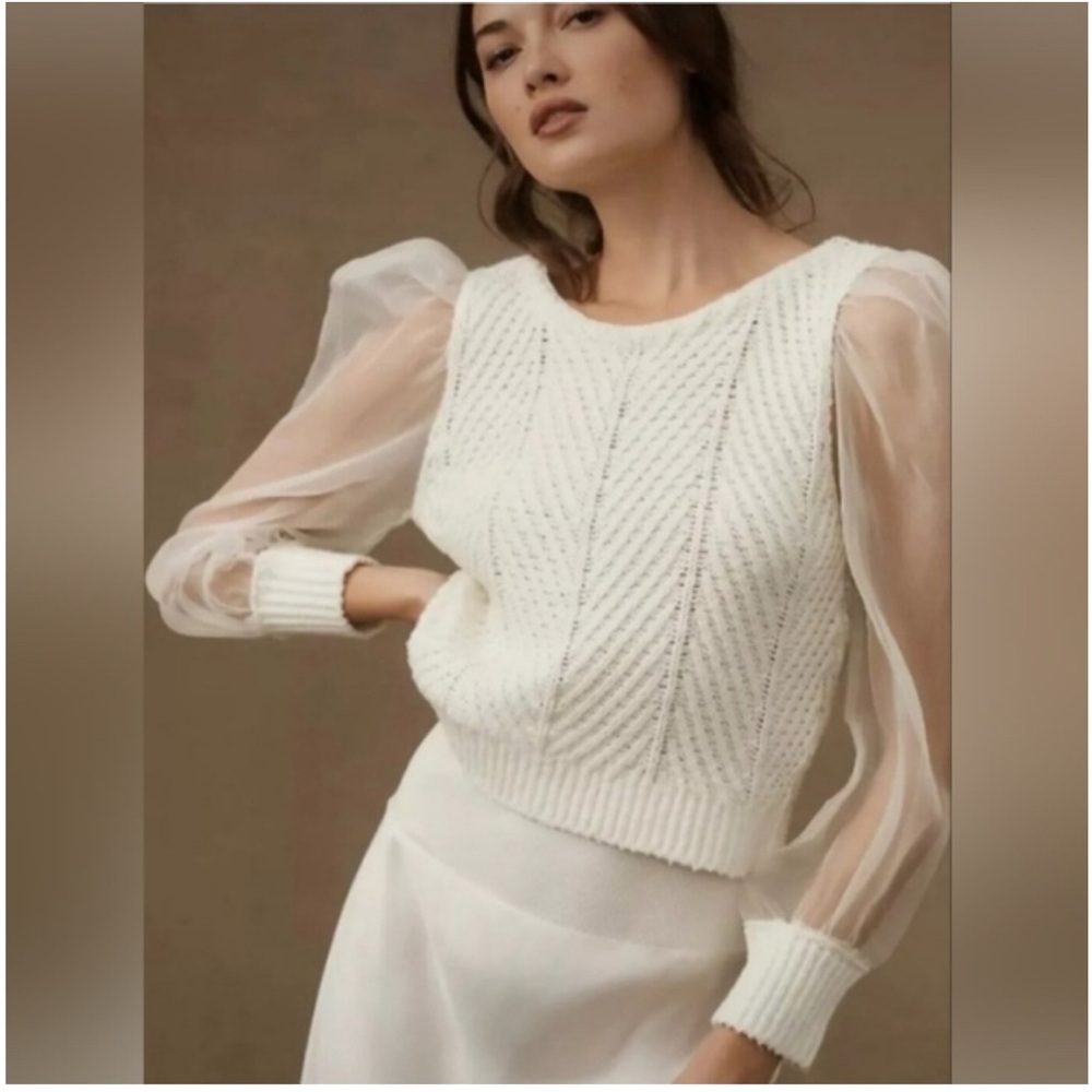 Anthropologie White Knit Sweater with Sheer Puff Sleeves